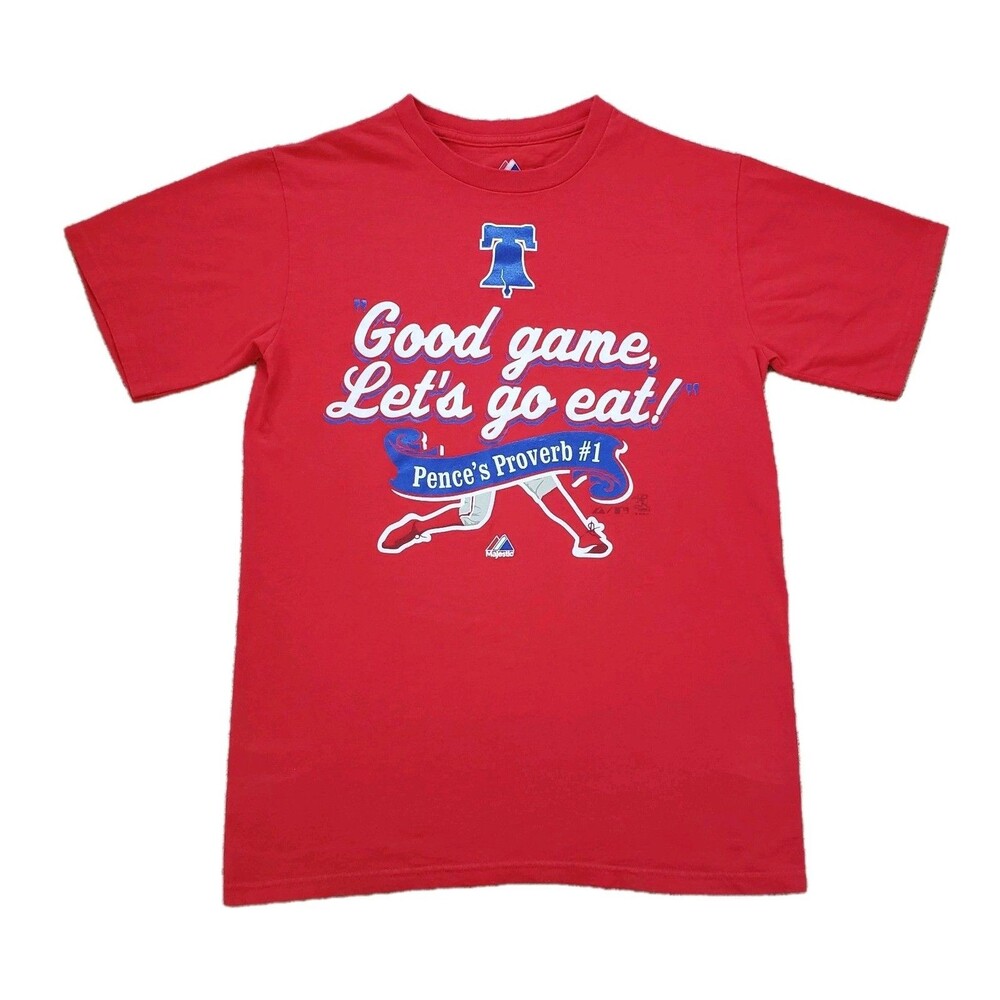 Majestic Philadelphia Phillies Good Game Lets Go Eat Sz Small Mens Red T-Shirt